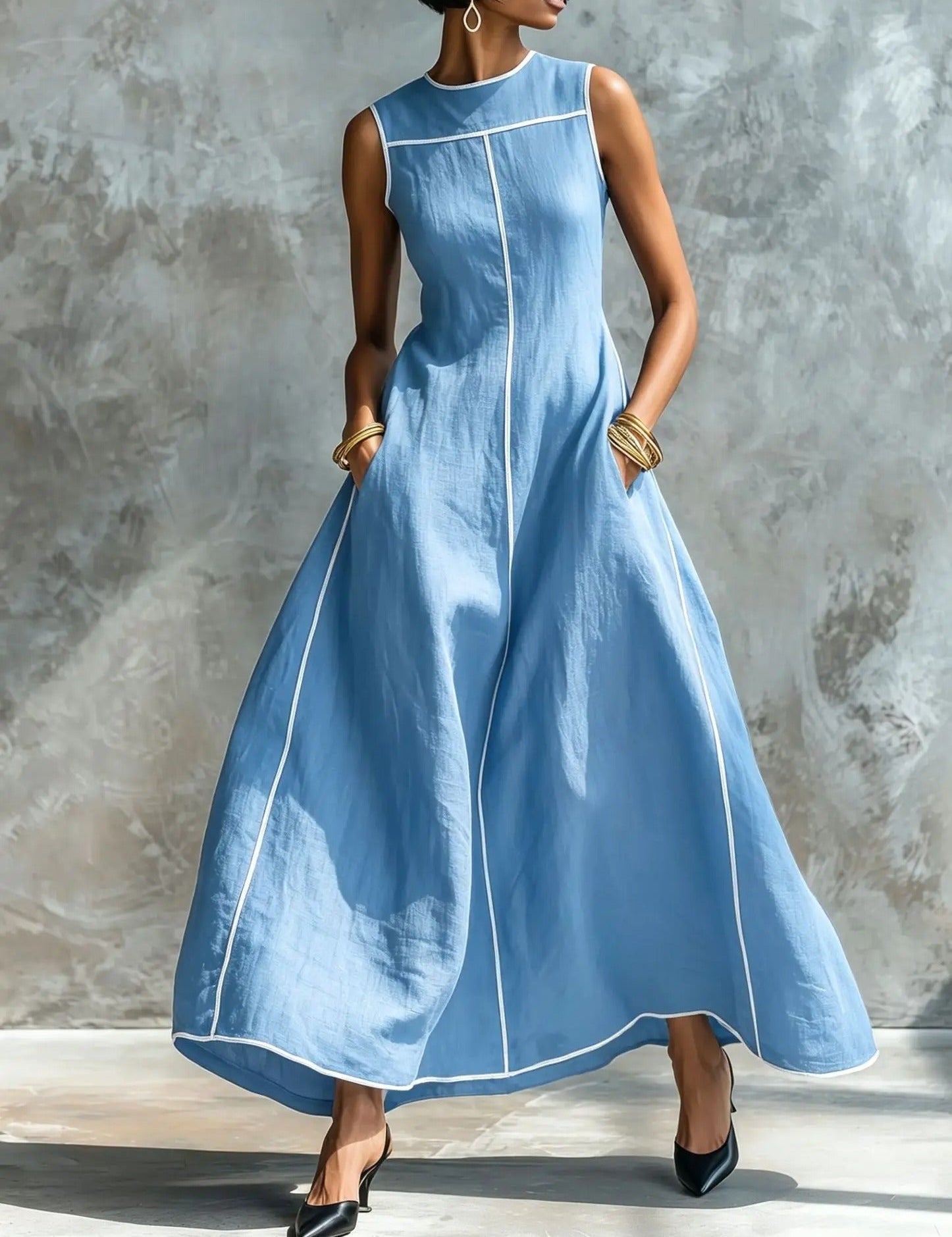 Carlota Vestido Maxi Preto com Detalhes Contrastantes