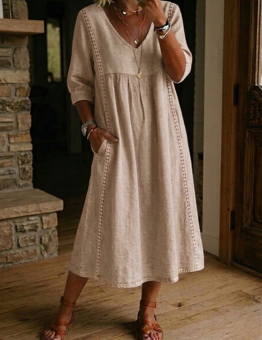 Aurélia | Vestido Largo de Linho e Algodão com Detalhes em Renda