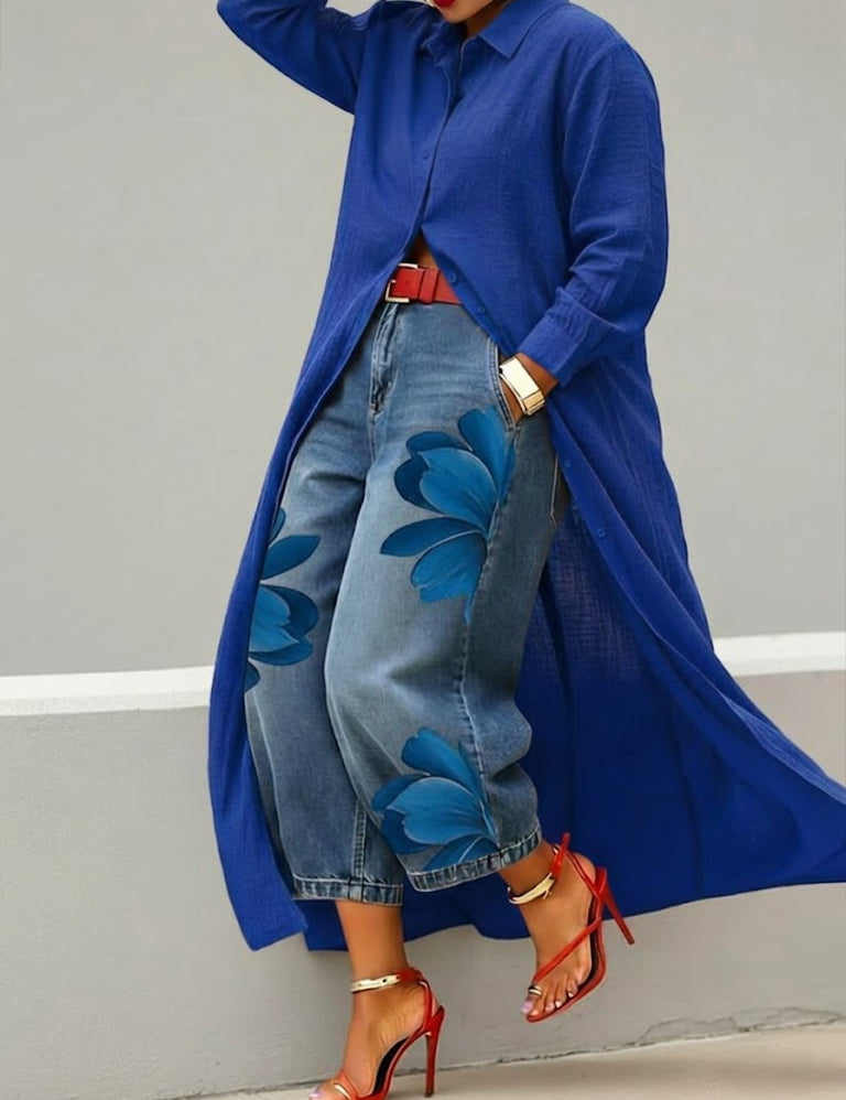Marilou | Vestido em Linho e Conjunto Floral de Denim