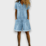 Cátia - Macacão curto vintage em algodão com aspeto de denim