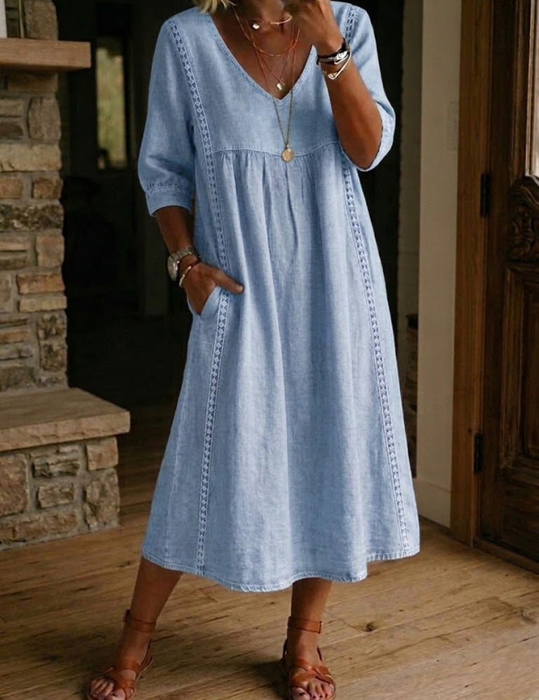 Aurélia | Vestido Largo de Linho e Algodão com Detalhes em Renda