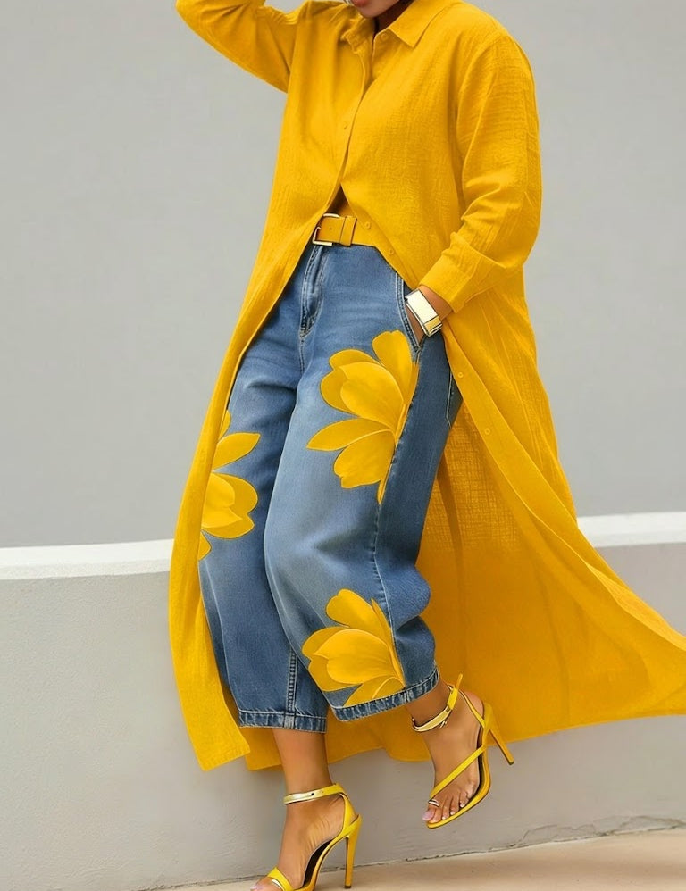 Marilou | Vestido em Linho e Conjunto Floral de Denim