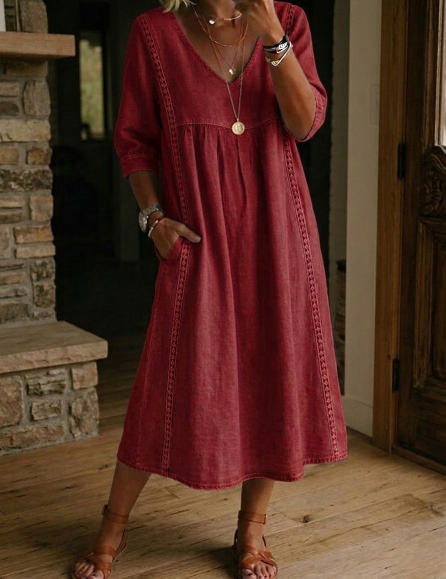 Aurélia | Vestido Largo de Linho e Algodão com Detalhes em Renda