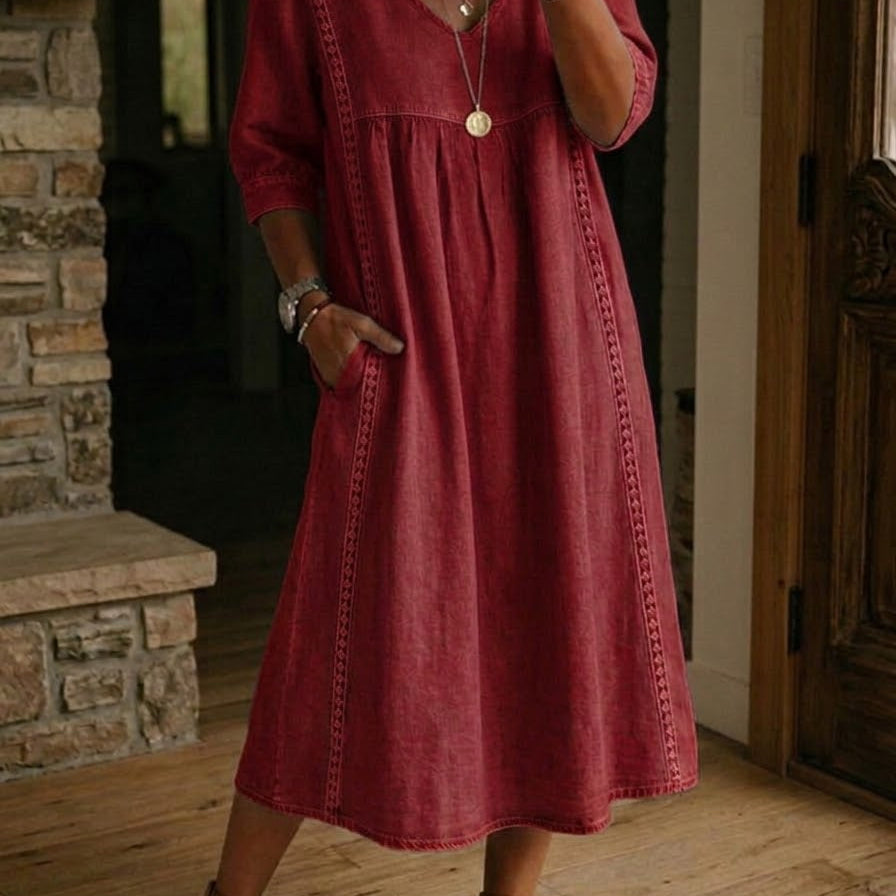 Aurélia | Vestido Largo de Linho e Algodão com Detalhes em Renda