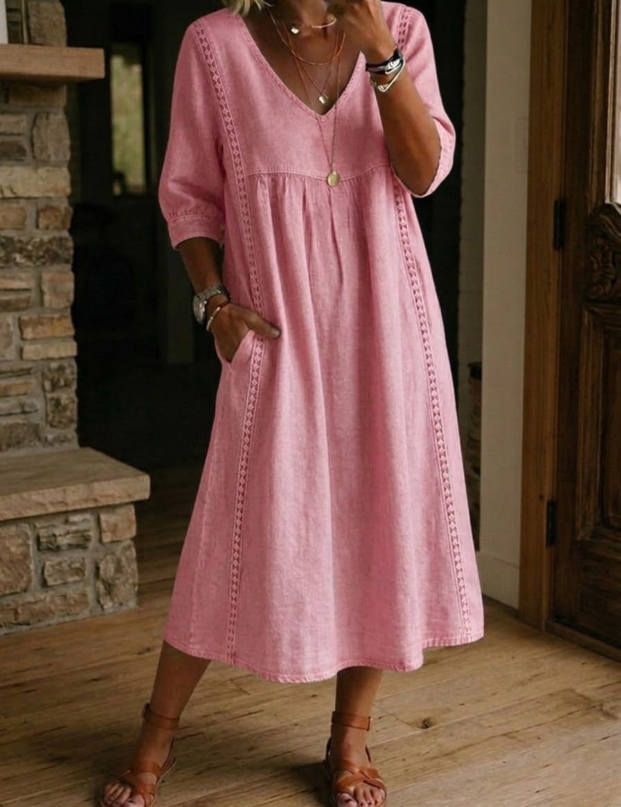 Aurélia | Vestido Largo de Linho e Algodão com Detalhes em Renda