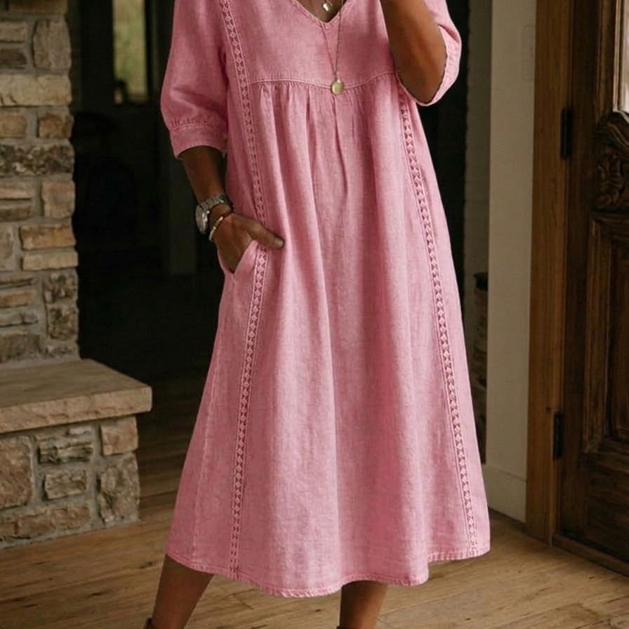 Aurélia | Vestido Largo de Linho e Algodão com Detalhes em Renda