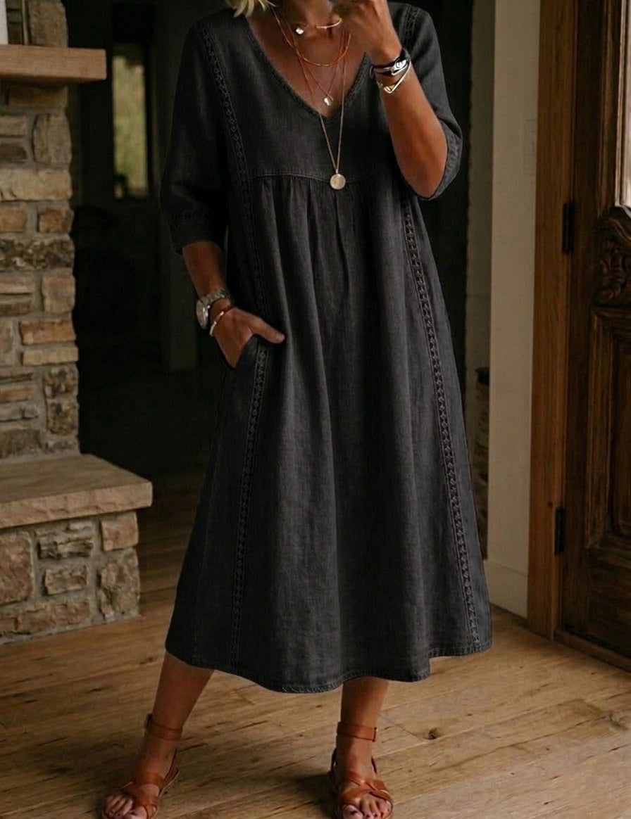 Aurélia | Vestido Largo de Linho e Algodão com Detalhes em Renda