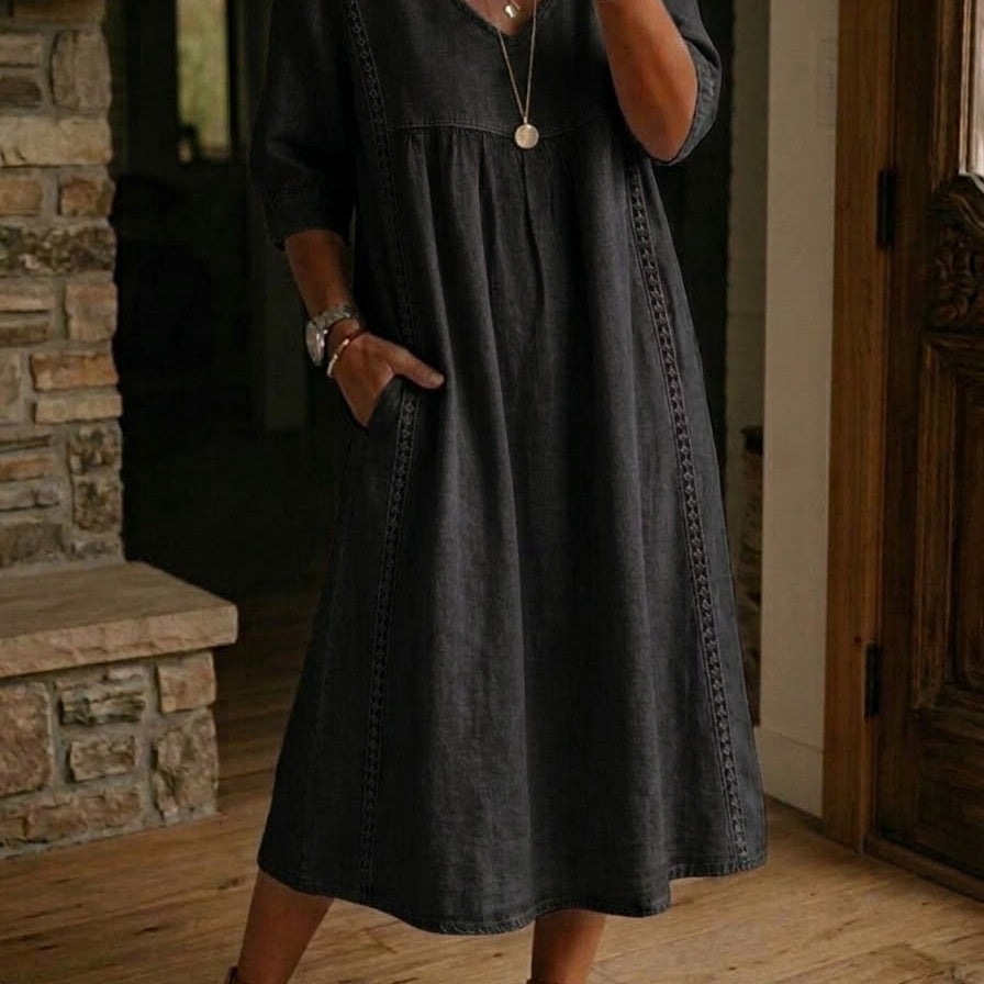 Aurélia | Vestido Largo de Linho e Algodão com Detalhes em Renda
