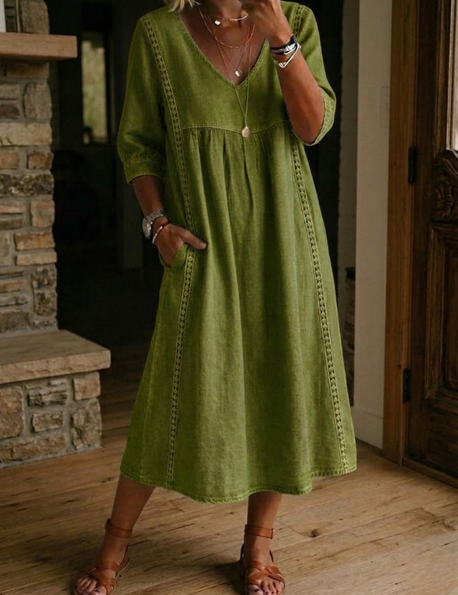 Aurélia | Vestido Largo de Linho e Algodão com Detalhes em Renda