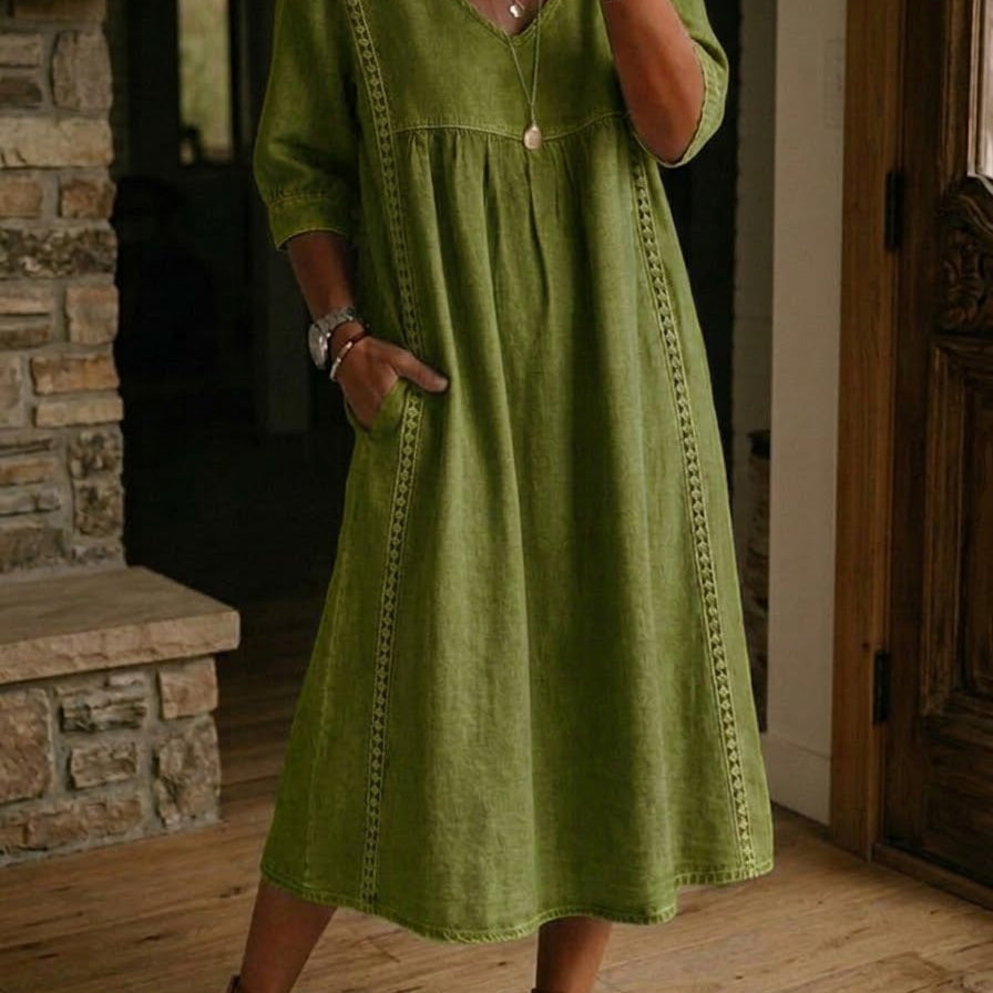 Aurélia | Vestido Largo de Linho e Algodão com Detalhes em Renda