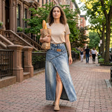 Apenas hoje ao preço promocional – amanhã a preço cheio! Saia maxi em denim com cintura em camadas para mulheres