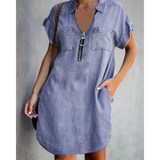 ⌛Oferta por tempo limitado – Vestido camisa casual em jeans para mulher, corte solto, gola, mangas curtas, fecho éclair e bolsos
