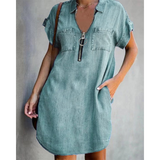 ⌛Oferta por tempo limitado – Vestido camisa casual em jeans para mulher, corte solto, gola, mangas curtas, fecho éclair e bolsos