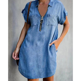 ⌛Oferta por tempo limitado – Vestido camisa casual em jeans para mulher, corte solto, gola, mangas curtas, fecho éclair e bolsos