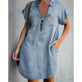 ⌛Oferta por tempo limitado – Vestido camisa casual em jeans para mulher, corte solto, gola, mangas curtas, fecho éclair e bolsos