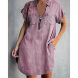 ⌛Oferta por tempo limitado – Vestido camisa casual em jeans para mulher, corte solto, gola, mangas curtas, fecho éclair e bolsos