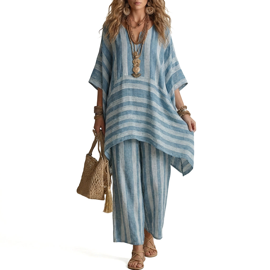 🔥-50%🌿 Conjunto de descanso leve às riscas, ideal para saídas descontraídas 🤍 Top largo + calças largas