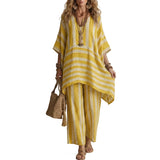 Conjunto leve de descanso às riscas, ideal para saídas descontraídas 🤍 Top largo + calças largas