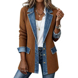 Manteau em malha canelada elegante para mulher com painéis em denim