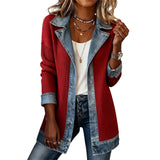 Manteau em malha canelada elegante para mulher com painéis em denim