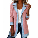 Manteau em malha canelada elegante para mulher com painéis em denim