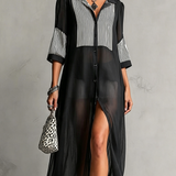 Vestido longo em chiffon preto transparente, vestido midi com botões e mangas 3/4 às riscas preto-branco