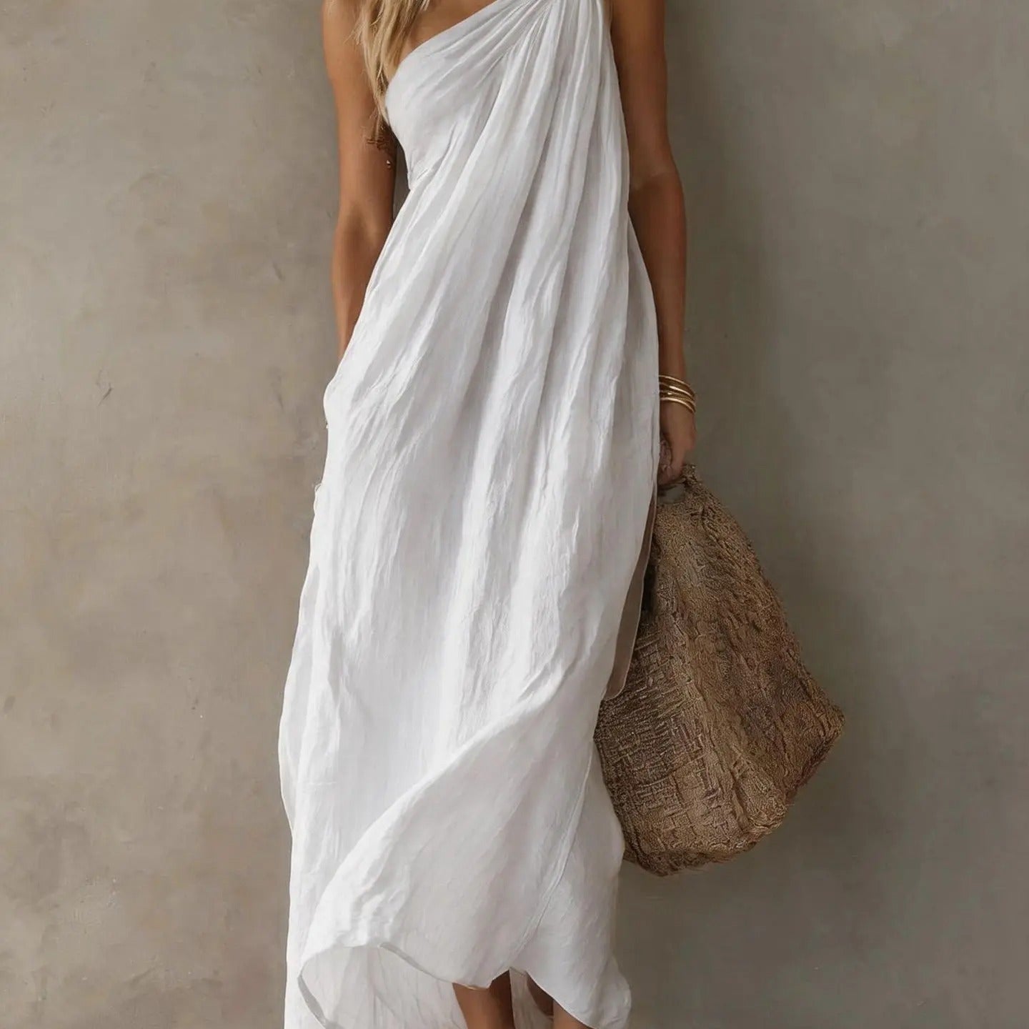 Adriana Vestido Maxi Assimétrico com Efeito Linho