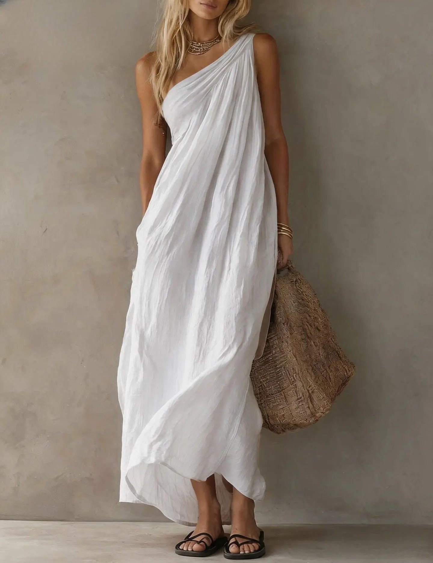 Adriana Maxi Vestido Assimétrico com Efeito Linho
