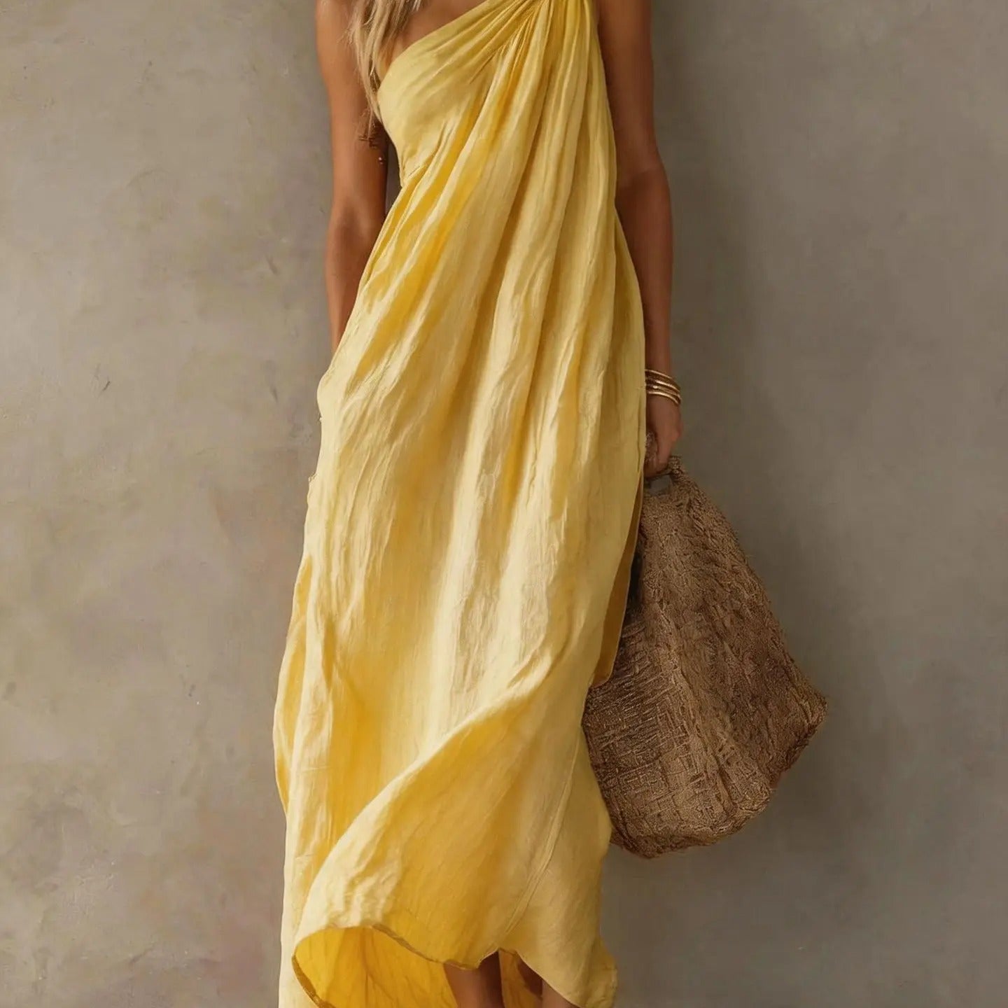 Adriana Vestido Maxi Assimétrico com Efeito Linho