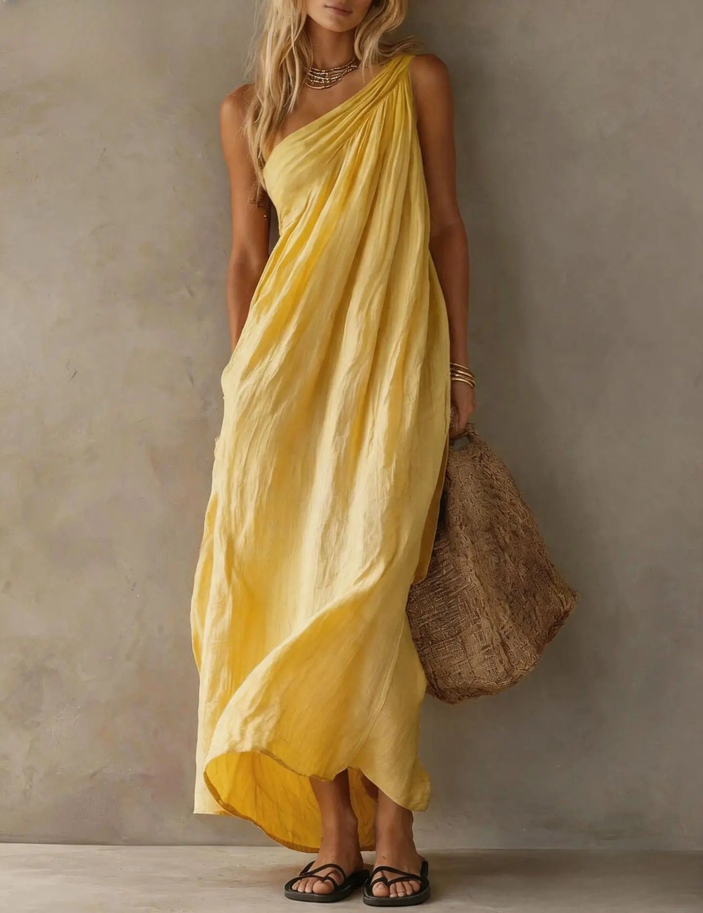 Adriana Maxi Vestido Assimétrico com Efeito Linho